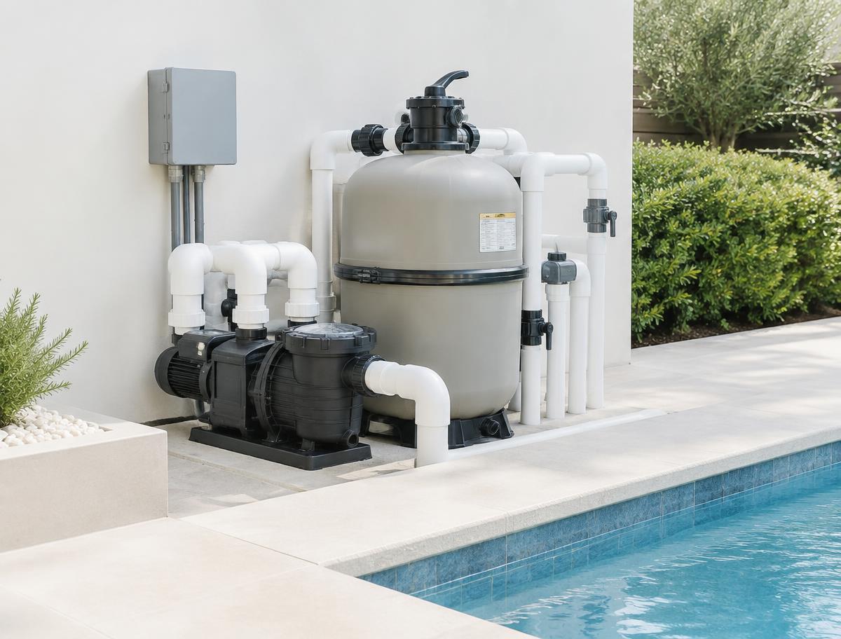 Conjunto de bomba e filtro instalados ao lado de uma piscina