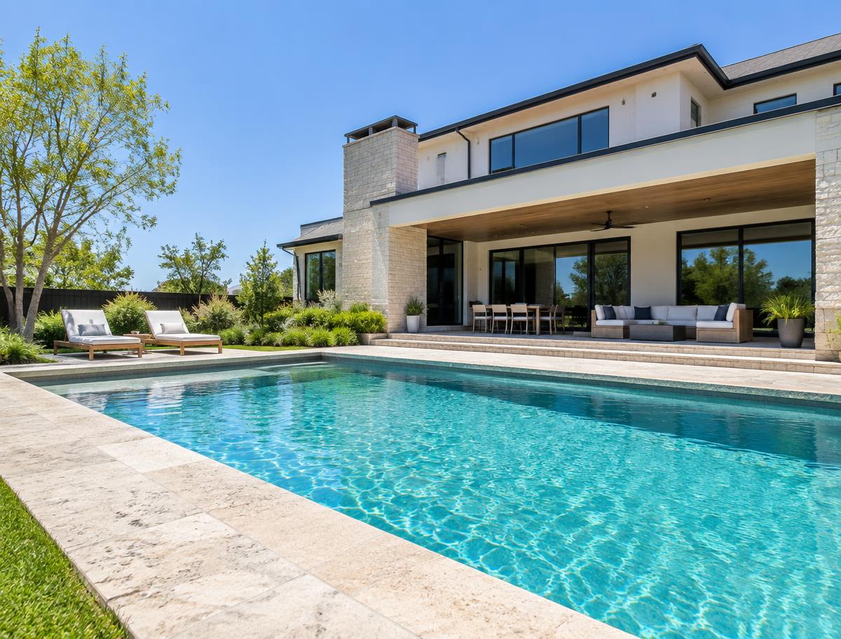 Piscina residencial contemporânea com deck e casa moderna ao fundo