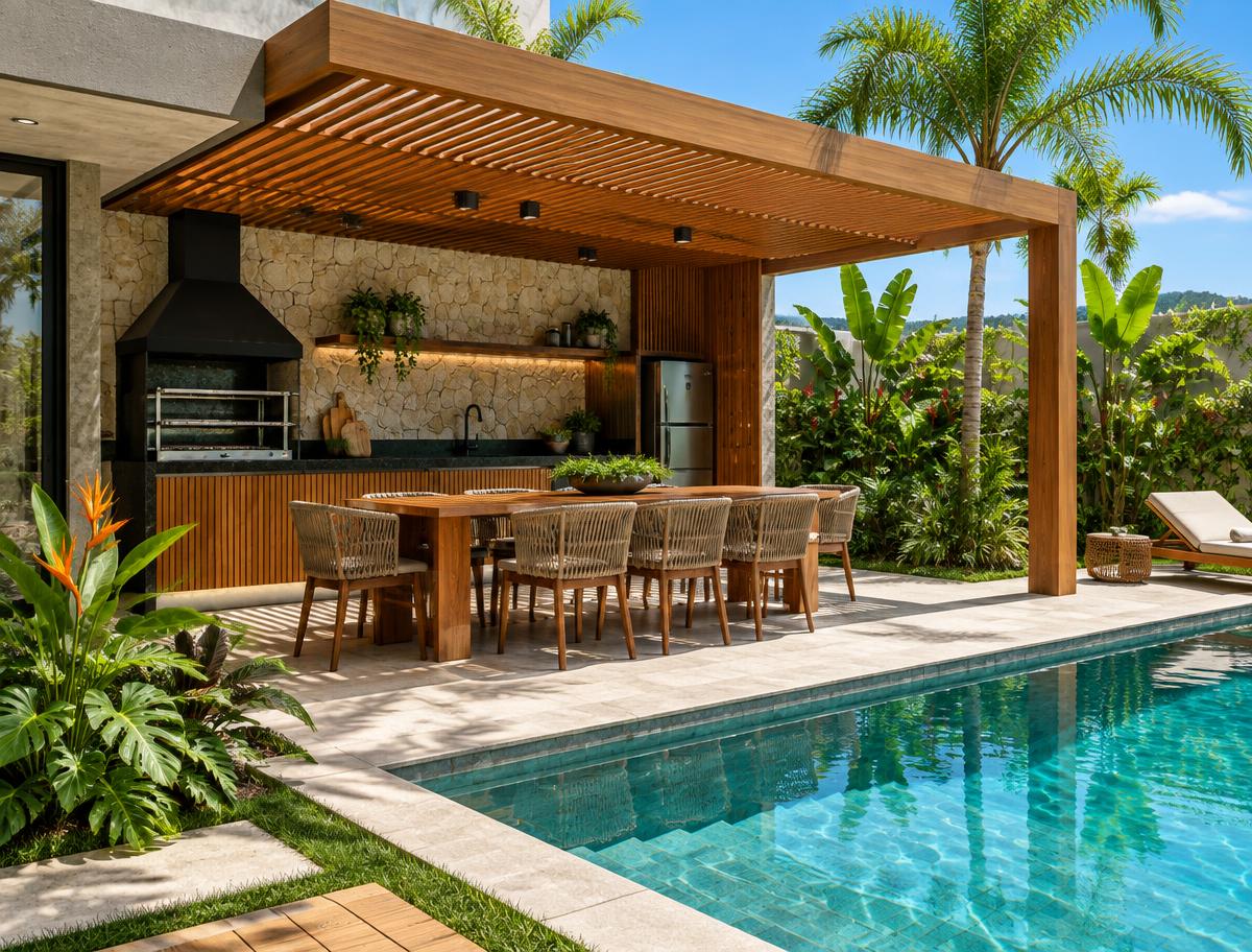 Área gourmet com pergolado de madeira ao lado da piscina