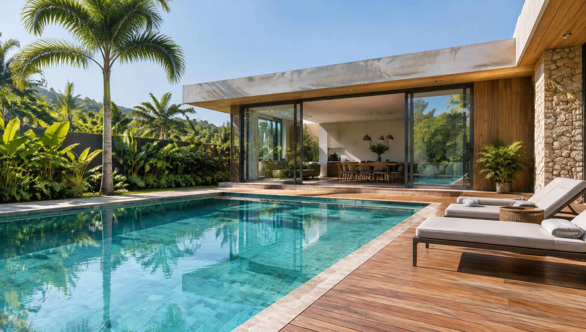 Casa contemporânea brasileira com piscina de água turquesa, deck de madeira e vegetação tropical em dia ensolarado