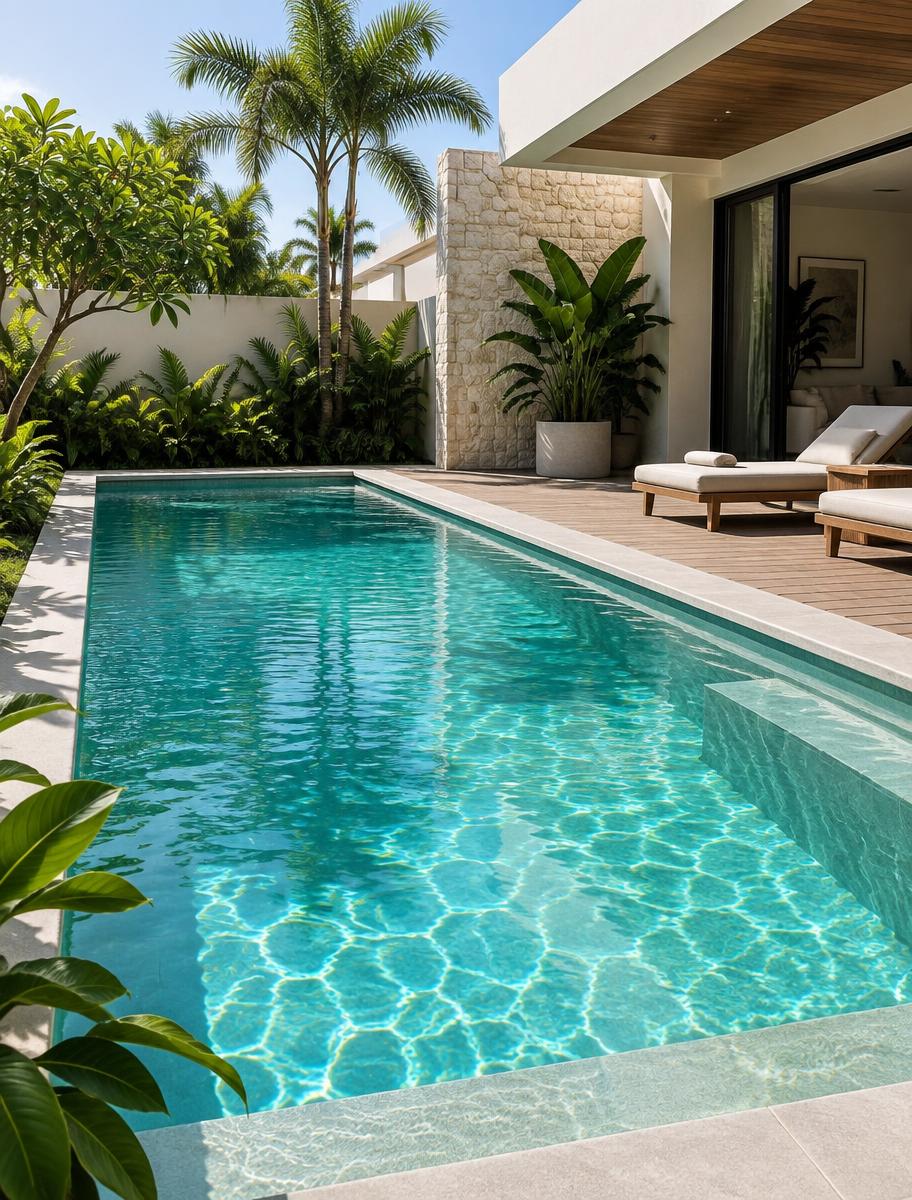 Piscina residencial vertical com água cristalina, deck de madeira e vegetação tropical
