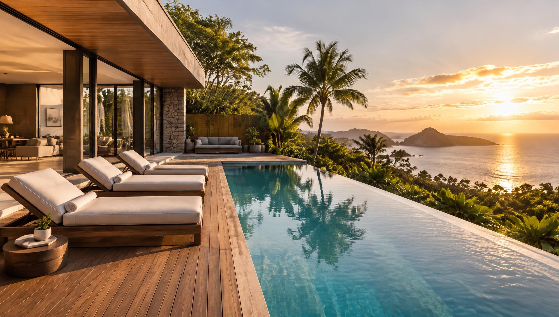 Piscina contemporânea com espreguiçadeiras, deck de madeira e vegetação tropical ao entardecer